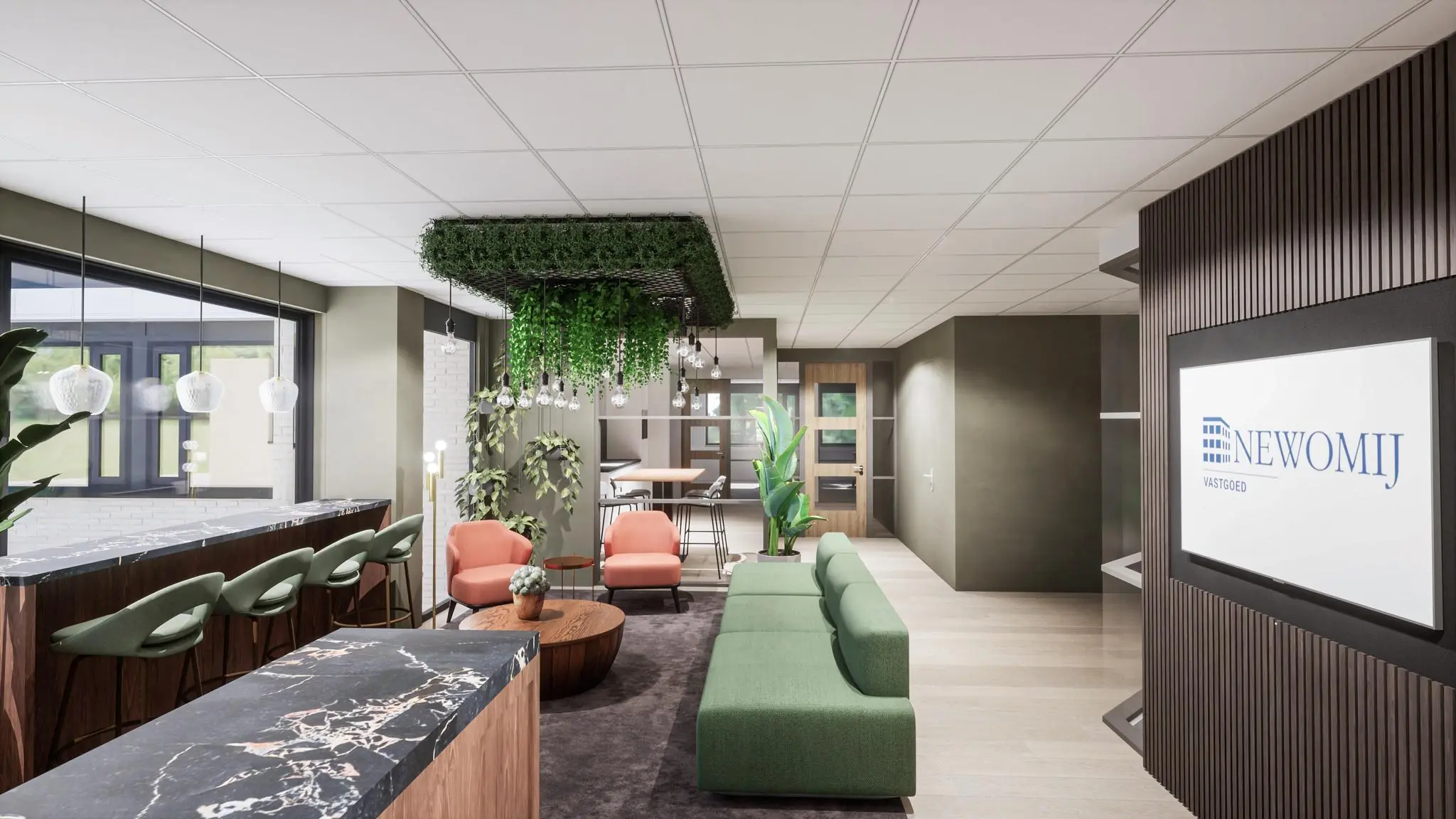 Modern ingerichte ontvangst- of loungehoek van het Newomij-kantoor aan de Burgemeester Verderlaan, met groene en roze zitmeubels, hangplanten en een marmeren balie.